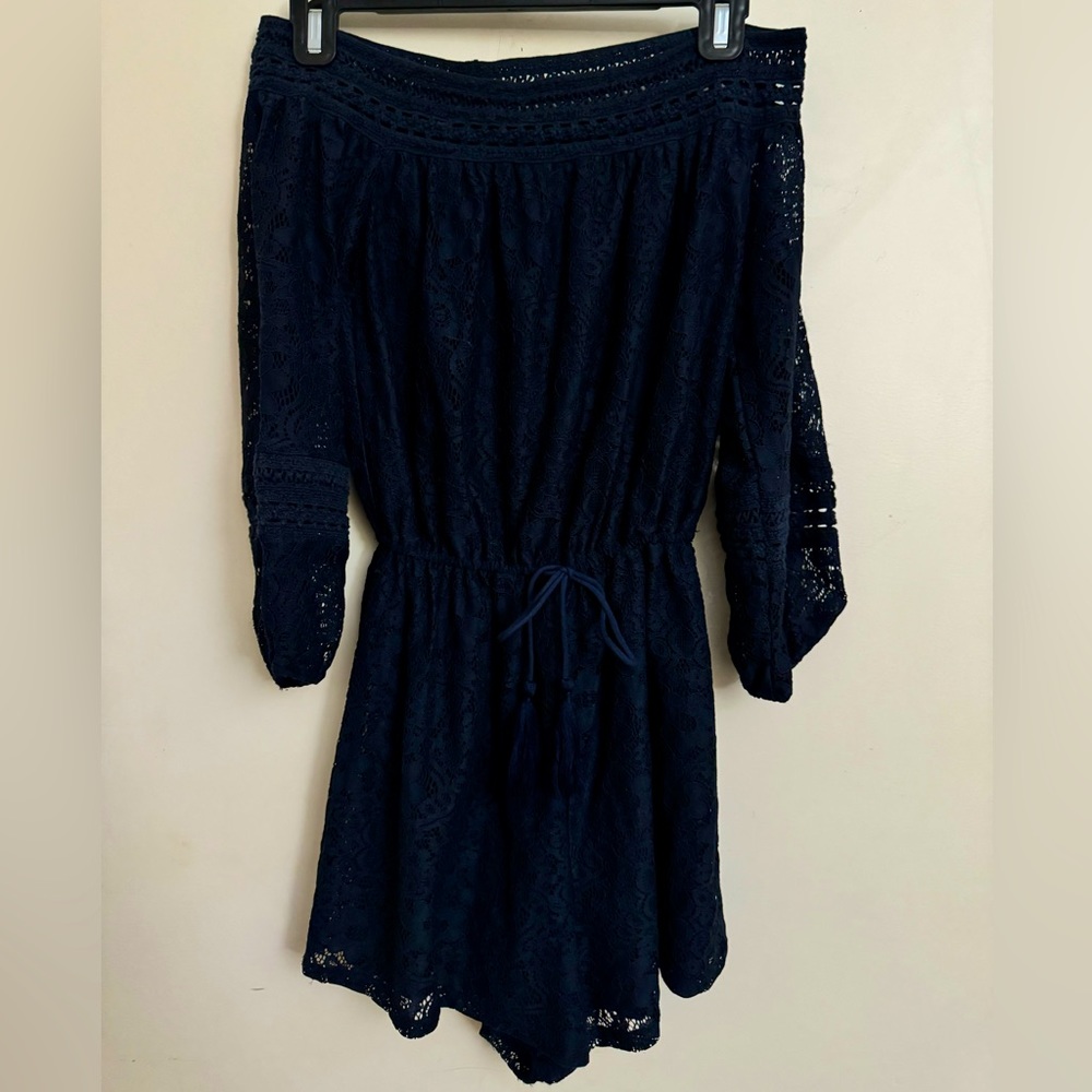 Hollister Lace Long Sleeve Off the Shoulder Romper Navy